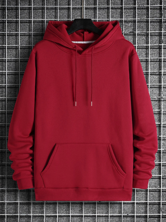 Men Solid Drawstring Pocket Detail Thermal Lined Sweatshirt