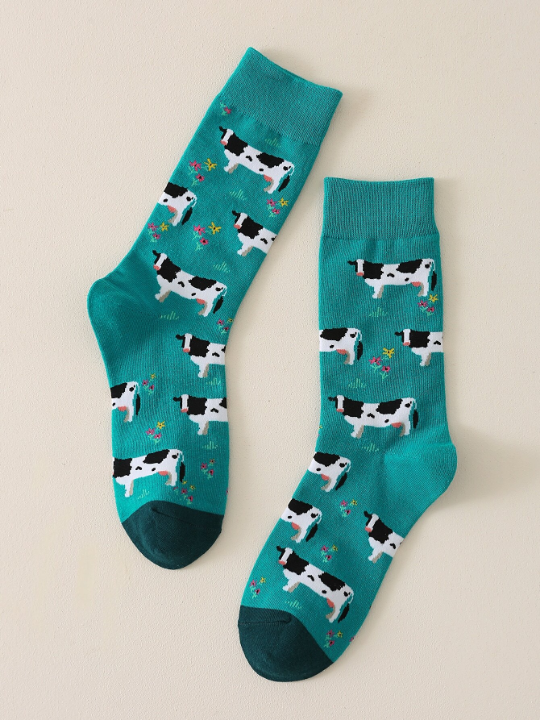 1 Pair Men's Milk Cow Pattern Mid-Calf Socks