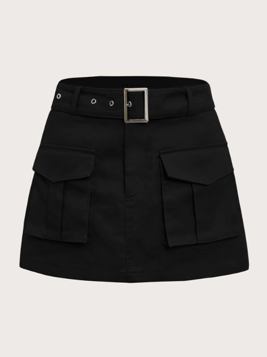 EZwear Grunge Black Flap Pocket Buckle Belted Cargo Skirt