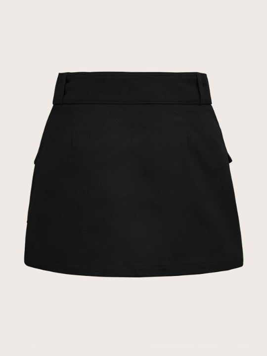 EZwear Grunge Black Flap Pocket Buckle Belted Cargo Skirt