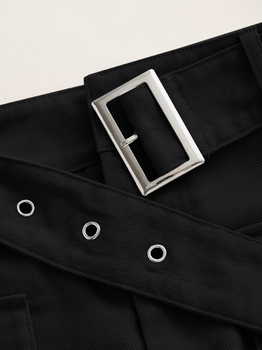 EZwear Grunge Black Flap Pocket Buckle Belted Cargo Skirt