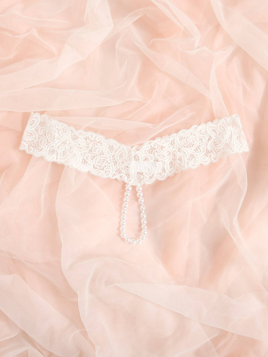 Faux Pearl Decor Floral Lace Panty