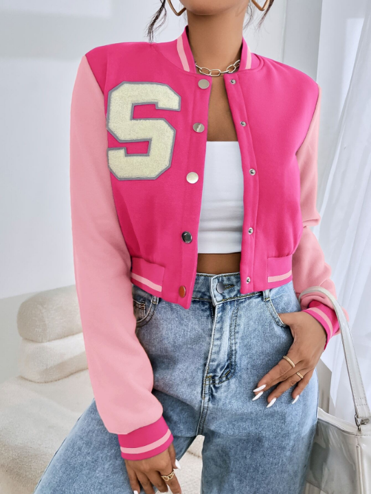 EZwear Letter Patched Crop Varsity Jacket