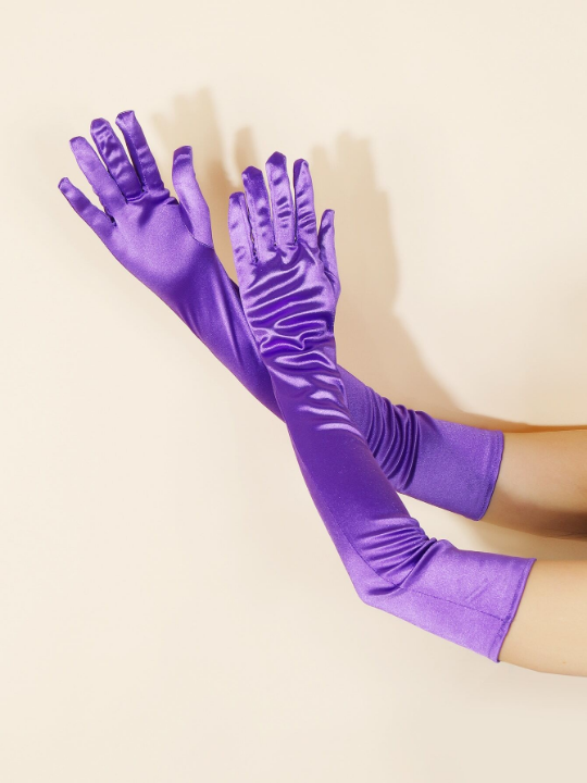 1 Pair Of Women's Purple Elbow Length Satin Gloves, Suitable For Daily Dance Party And Stage Performance