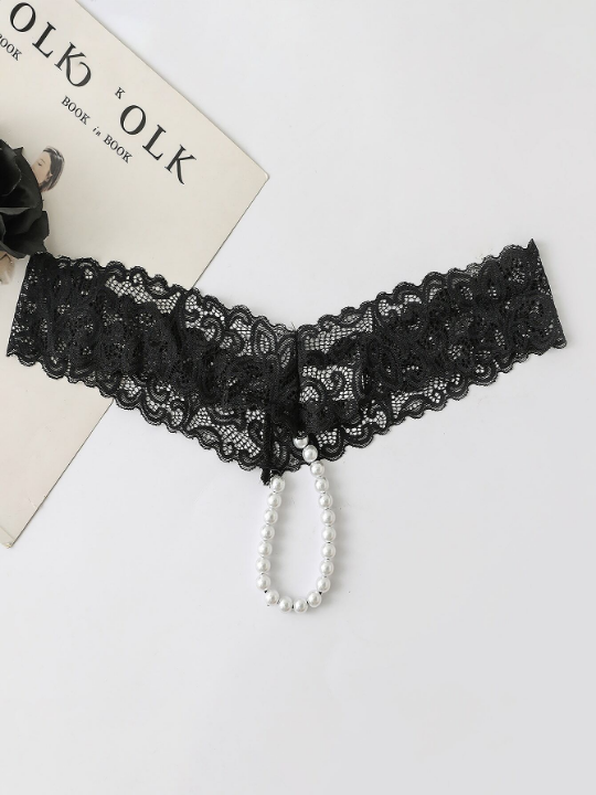 Faux Pearl Decor Floral Lace Panty
