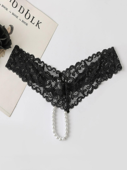 Faux Pearl Decor Floral Lace Panty
