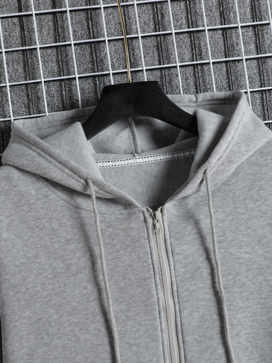 Men Slant Pockets Zip Up Drawstring Thermal Hoodie