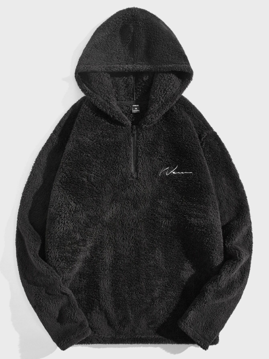 Manfinity Hypemode Men Letter Embroidery Quarter Zip Coral Fleece Hoodie