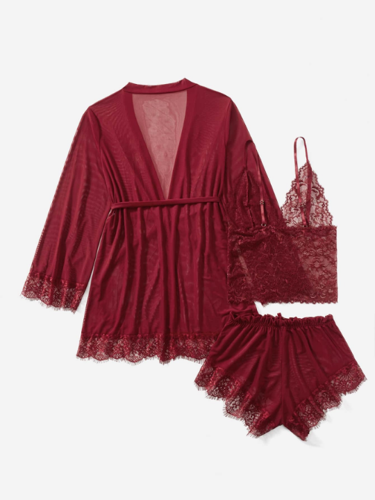 Classic Sexy 4pack Contrast Lace Mesh Lingerie Set With Robe & Belt