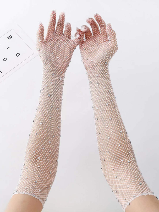 ROMWE Rhinestone Decor Fishnet Gloves