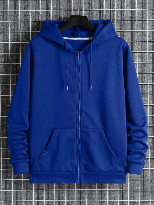 Men Slant Pockets Zip Up Drawstring Thermal Hoodie
