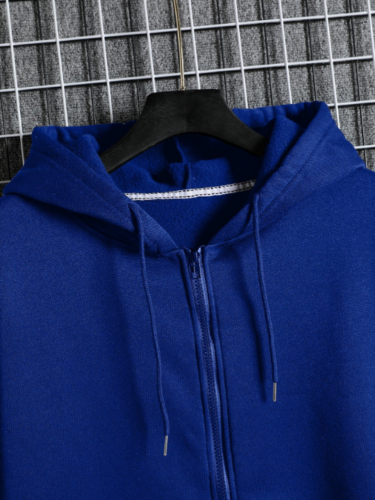 Men Slant Pockets Zip Up Drawstring Thermal Hoodie
