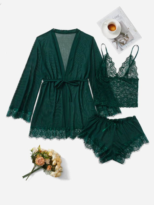 Classic Sexy 4pack Contrast Lace Mesh Lingerie Set & Robe & Belt