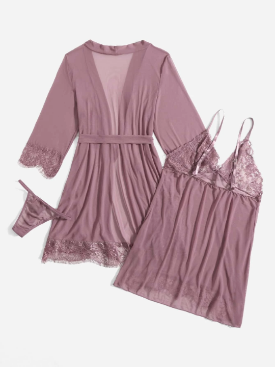 Classic Sexy 3pack Floral Lace Slips With Belted Robe
