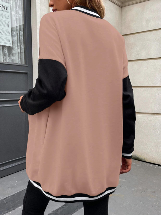 Letter Patched Colorblock Drop Shoulder Varsity Jacket