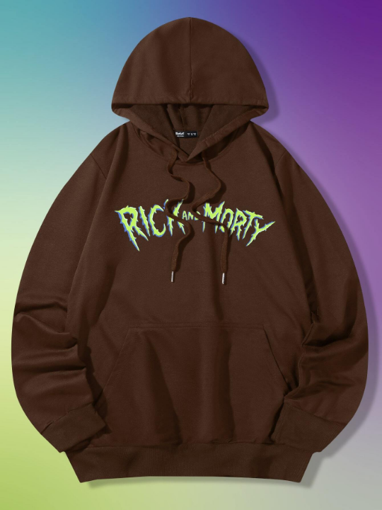 Rick and Morty | ROMWE Guys Letter Cartoon Graphic Kangaroo Pocket Drawstring Hoodie