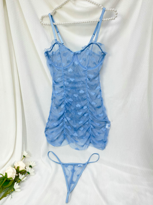 Pure Desire Heart Mesh Frill Trim Underwire Slips & Thong