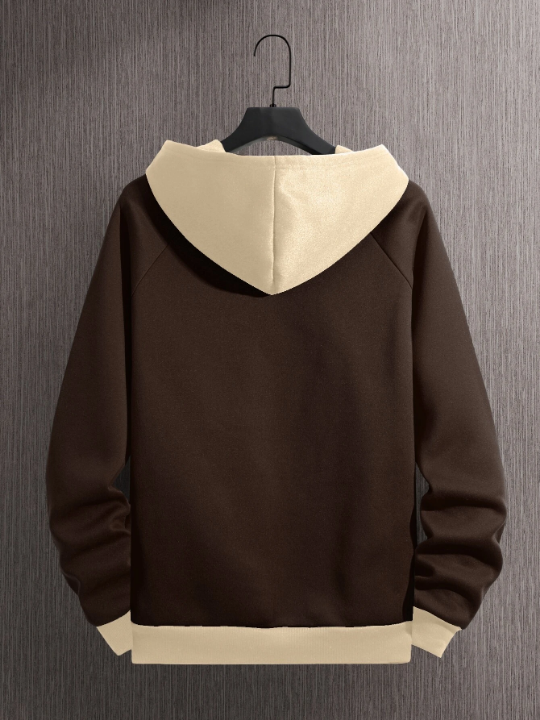 Men Colorblock Thermal Lined Raglan Sleeve Drawstring Hoodie