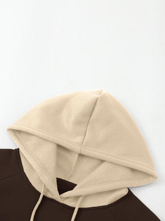 Men Colorblock Thermal Lined Raglan Sleeve Drawstring Hoodie