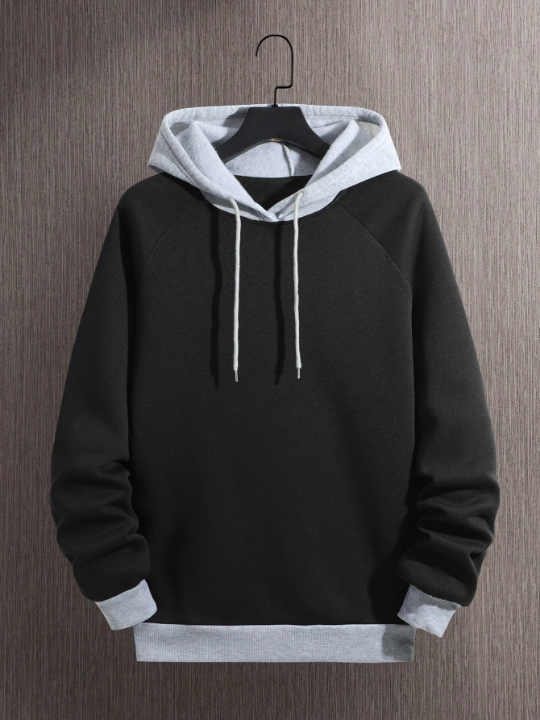 Men Colorblock Thermal Lined Raglan Sleeve Drawstring Hoodie