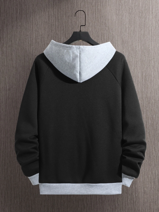 Men Colorblock Thermal Lined Raglan Sleeve Drawstring Hoodie
