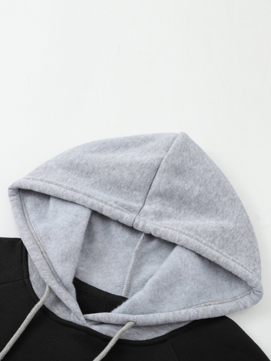 Men Colorblock Thermal Lined Raglan Sleeve Drawstring Hoodie