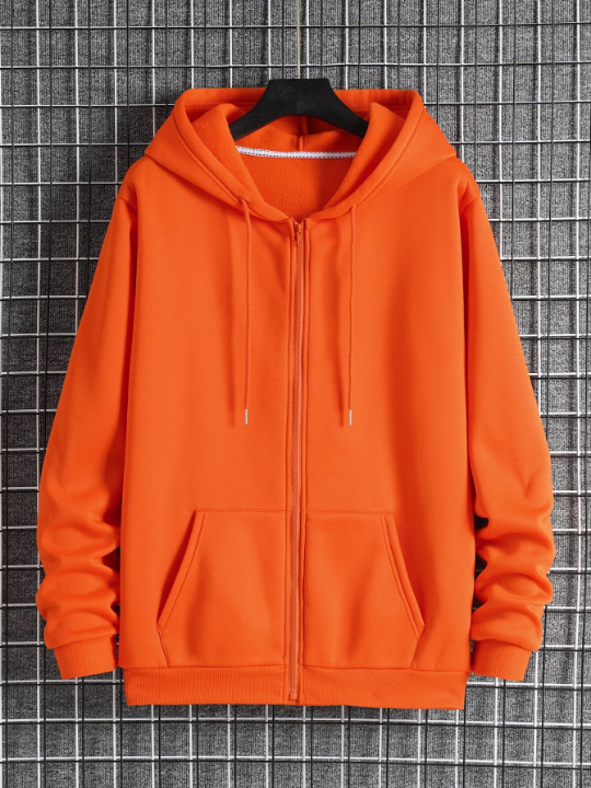 Men Slant Pockets Zip Up Drawstring Thermal Hoodie