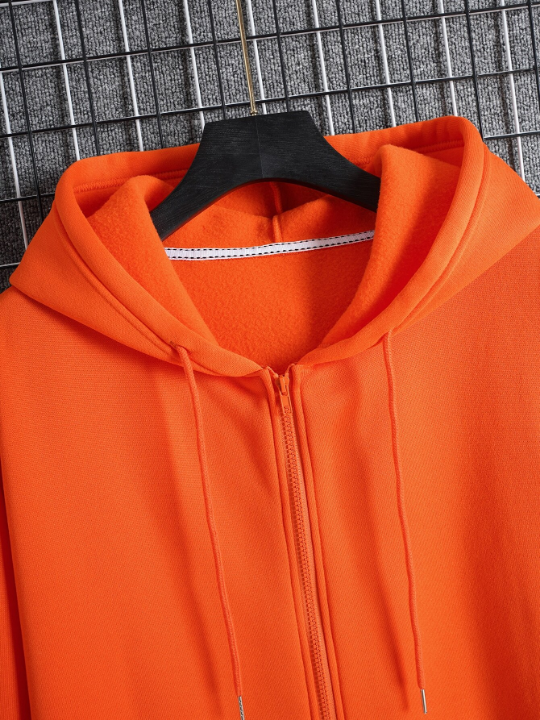 Men Slant Pockets Zip Up Drawstring Thermal Hoodie