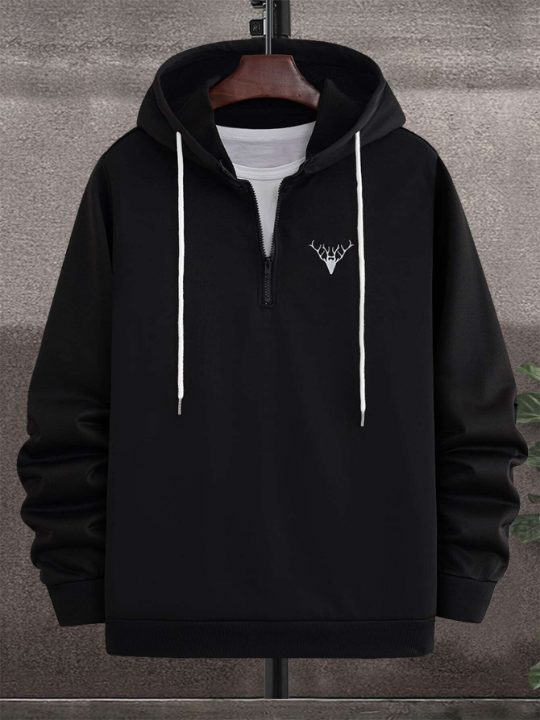 Manfinity Homme Men Deer Embroidery Quarter Zipper Drawstring Hoodie
