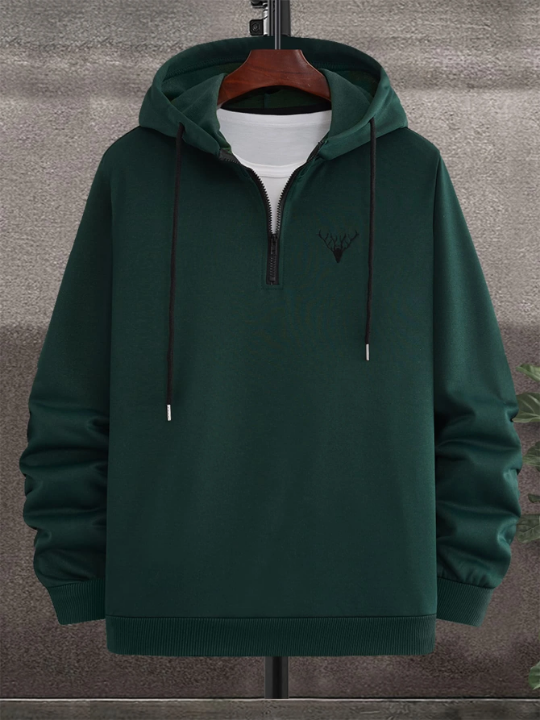 Manfinity Homme Men Deer Embroidery Quarter Zipper Drawstring Hoodie