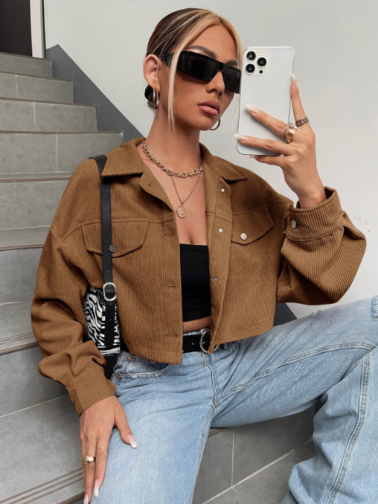 EZwear Drop Shoulder Flap Detail Crop Corduroy Jacket