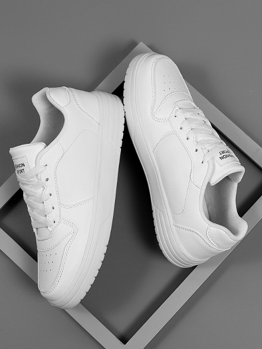 Men White Lace-Up Front Sneakers, Letter Graphic Round Toe Skate Shoes Men Business Shoes