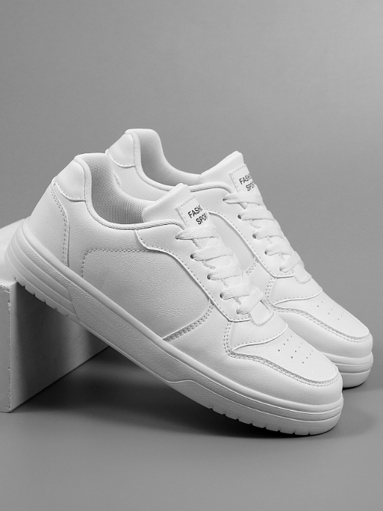 Men White Lace-Up Front Sneakers, Letter Graphic Round Toe Skate Shoes Men Business Shoes