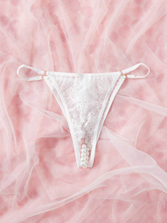 Lace Pearl Detail Bow Front Crotchless Thong
