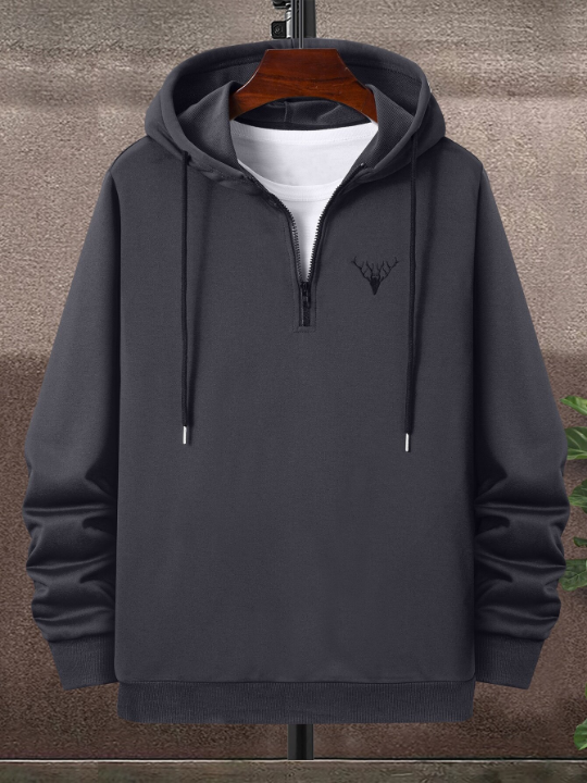 Manfinity Homme Men Deer Embroidery Quarter Zipper Drawstring Hoodie