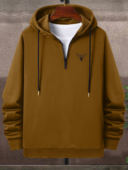 Manfinity Homme Men Deer Embroidery Quarter Zipper Drawstring Hoodie
