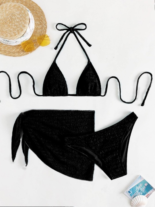 Swim Basics Smocked Bikini Set Halter Triangle Bra Top & Hipster Bikini Bottom & Skirt 3 Piece Bathing Suit