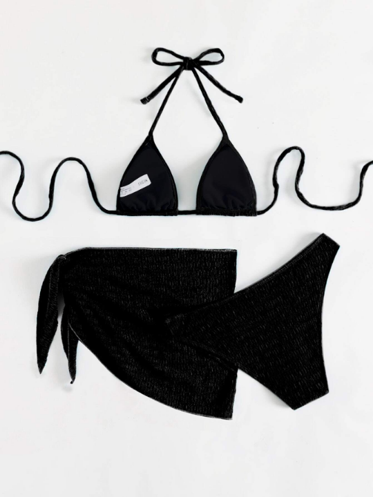 Swim Basics Smocked Bikini Set Halter Triangle Bra Top & Hipster Bikini Bottom & Skirt 3 Piece Bathing Suit