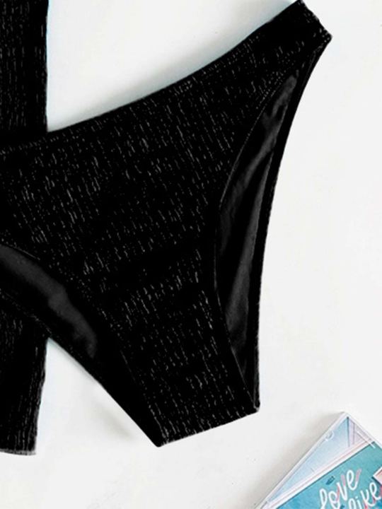 Swim Basics Smocked Bikini Set Halter Triangle Bra Top & Hipster Bikini Bottom & Skirt 3 Piece Bathing Suit