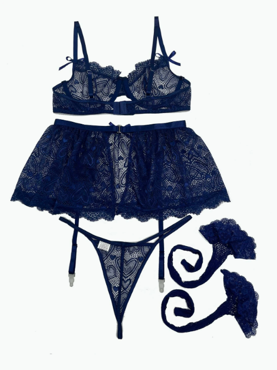 Heart Lace Underwire Garter Lingerie Set With 1pair Leg Ring