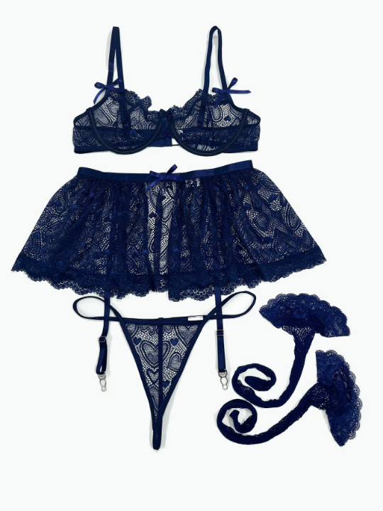Heart Lace Underwire Garter Lingerie Set With 1pair Leg Ring