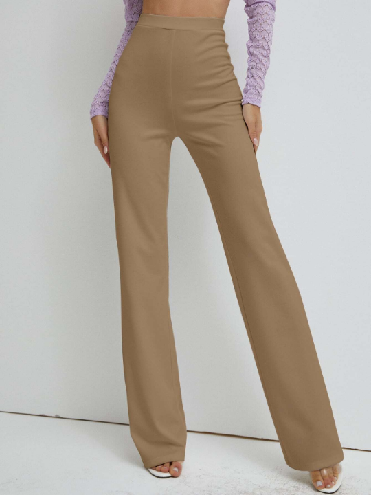 Solid High Waist Straight Leg Pants