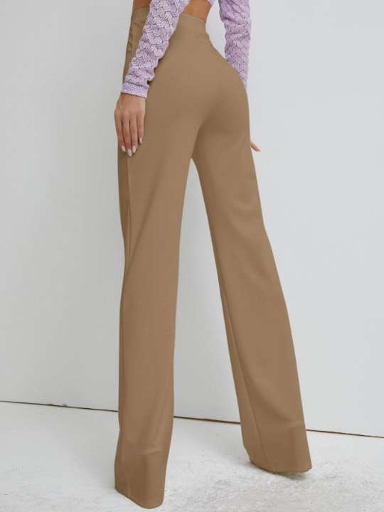 Solid High Waist Straight Leg Pants