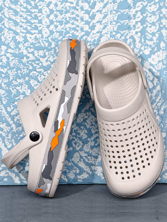 Fashion Beige Vented Clogs For Men, Hollow Out Two Way Wear Clogs