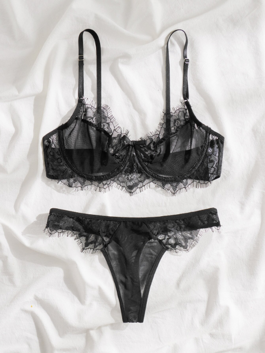 Contrast Lace Mesh Underwire Lingerie Set