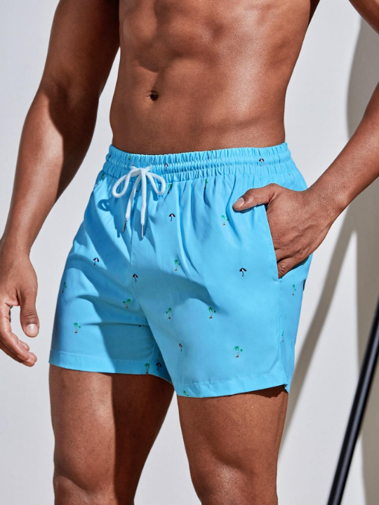 Manfinity Swimmode Men Random Umbrella & Coconut Tree Print Drawstring Waist Swim Trunks