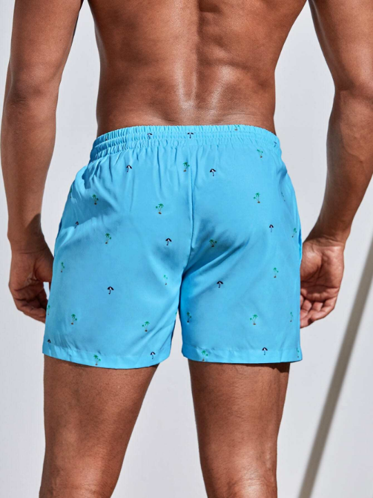 Manfinity Swimmode Men Random Umbrella & Coconut Tree Print Drawstring Waist Swim Trunks