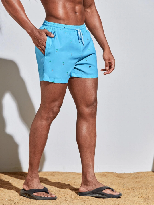 Manfinity Swimmode Men Random Umbrella & Coconut Tree Print Drawstring Waist Swim Trunks