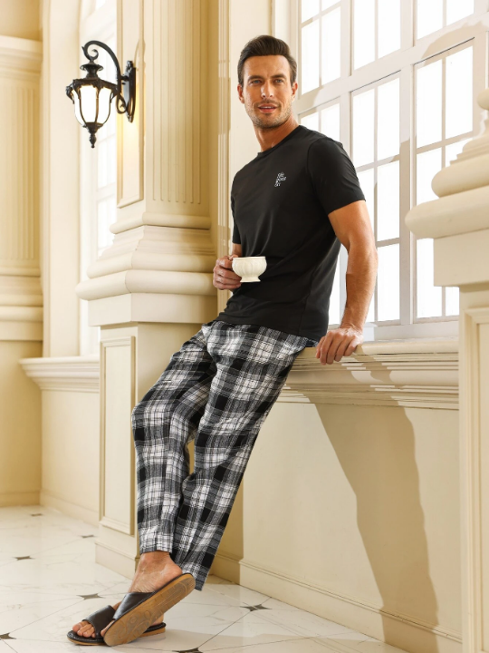 Men Plaid Print PJ Set