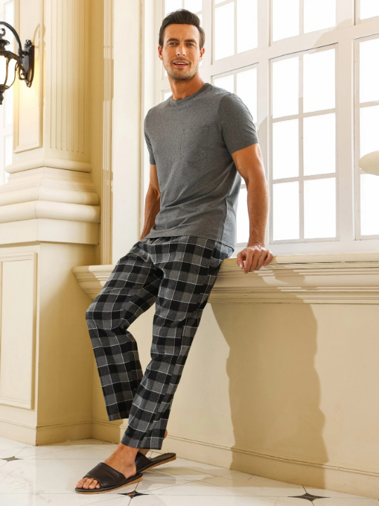 Men Plaid Print PJ Set